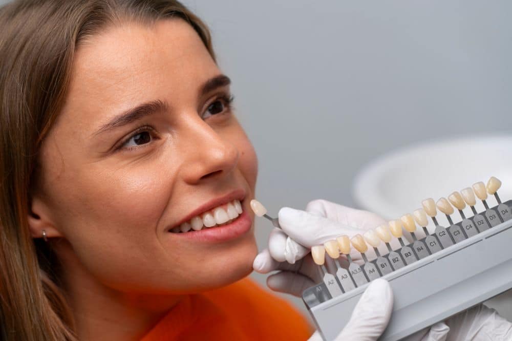 a dentist is testing dental crown demo to a patient